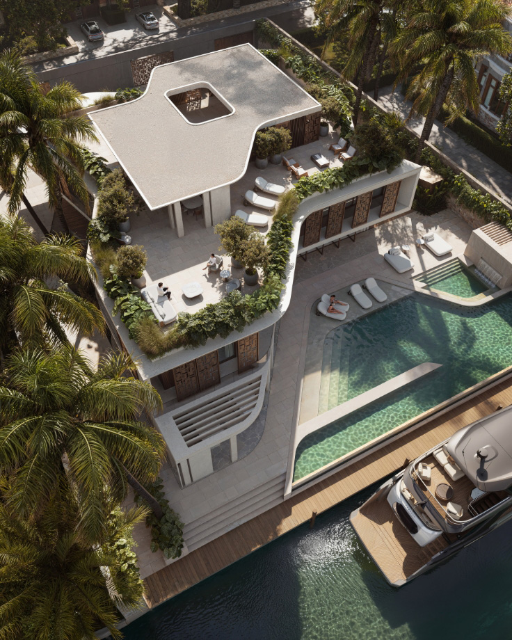 Aerial view of Collection Sei rooftop terrace, pool, and private yacht dock