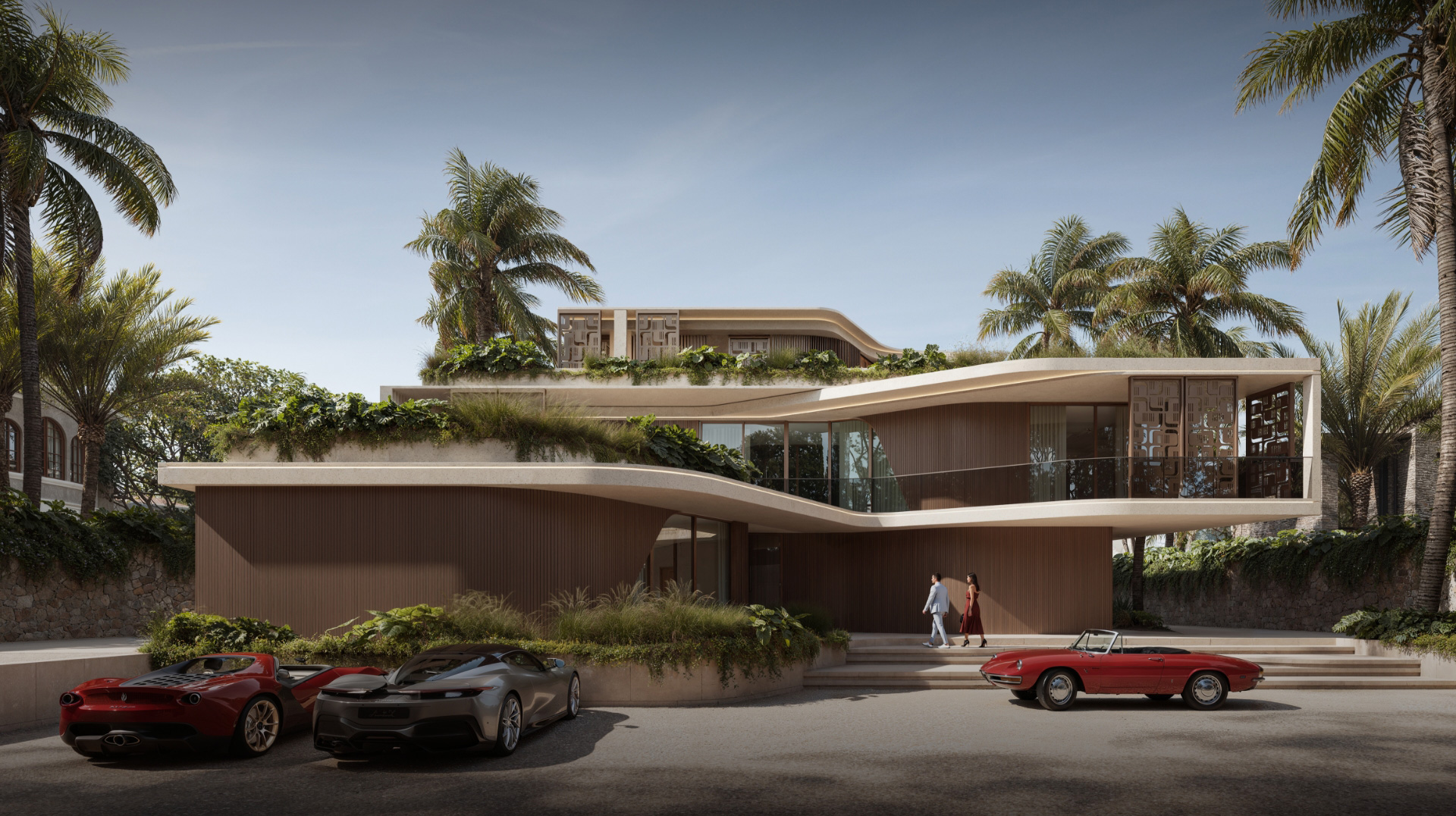 Collection Sei residence exterior with sports cars in the driveway, designed by Pininfarina